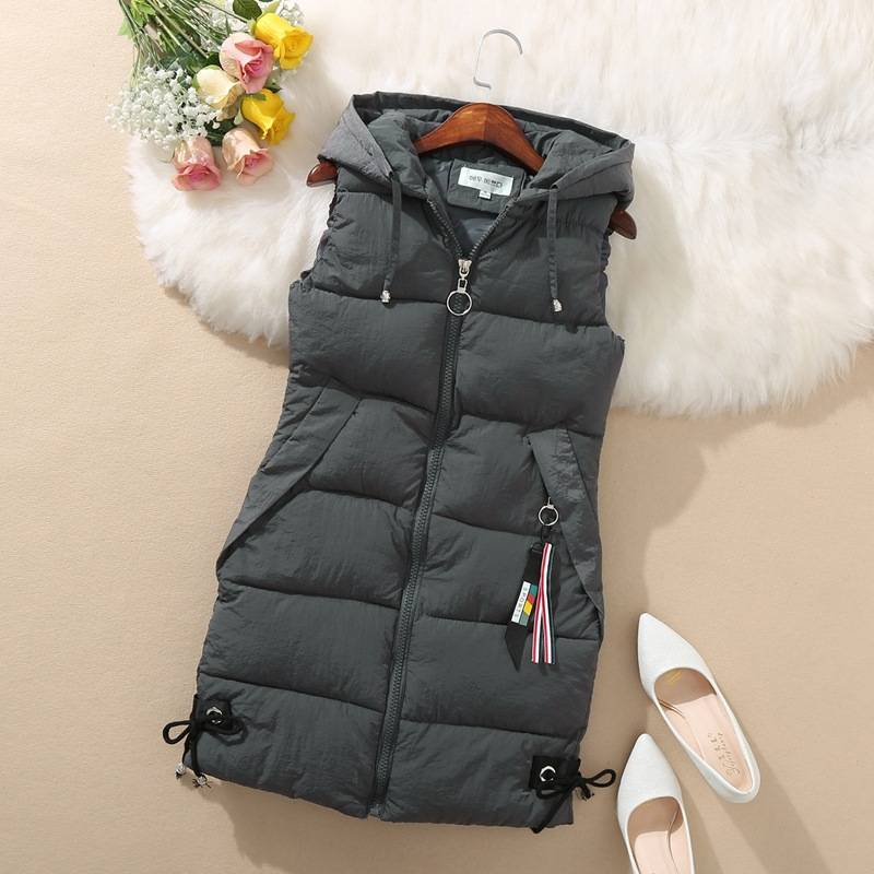 Vêtements pour femmes Veste chaude sans manches pour femme Gilet mi-long à capuche Veste en coton_voghion.com