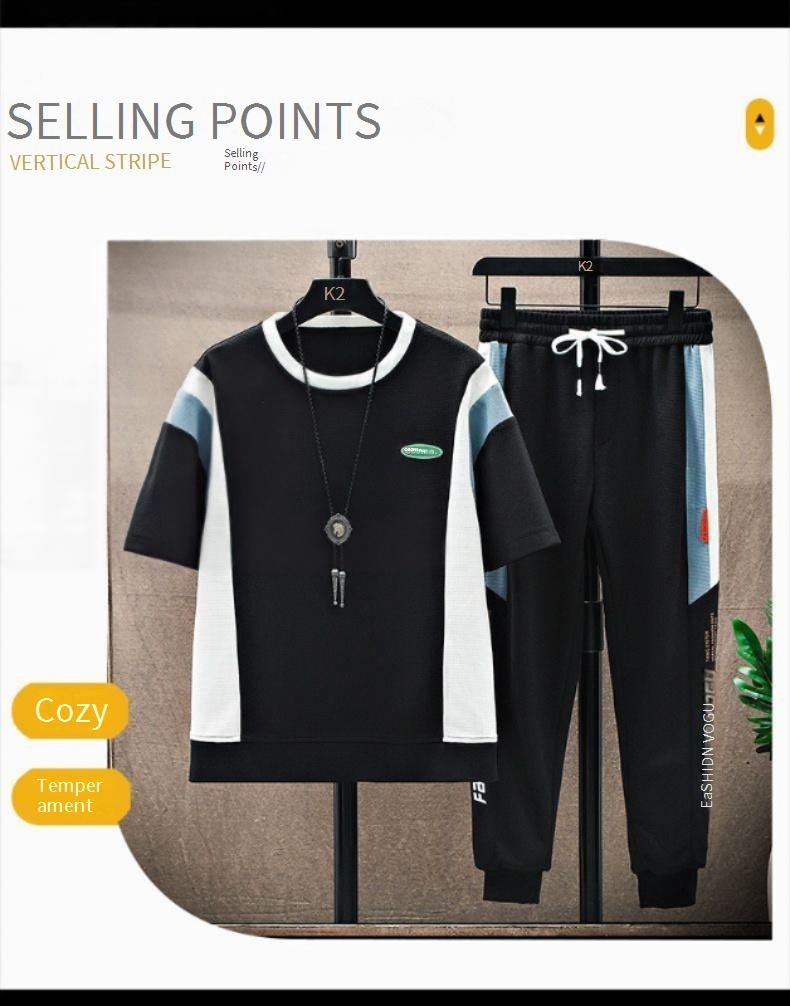 Herrenbekleidung Casual Sportanzug Set Waffel Kurzarm Trend T-Shirt Sets_voghion.com
