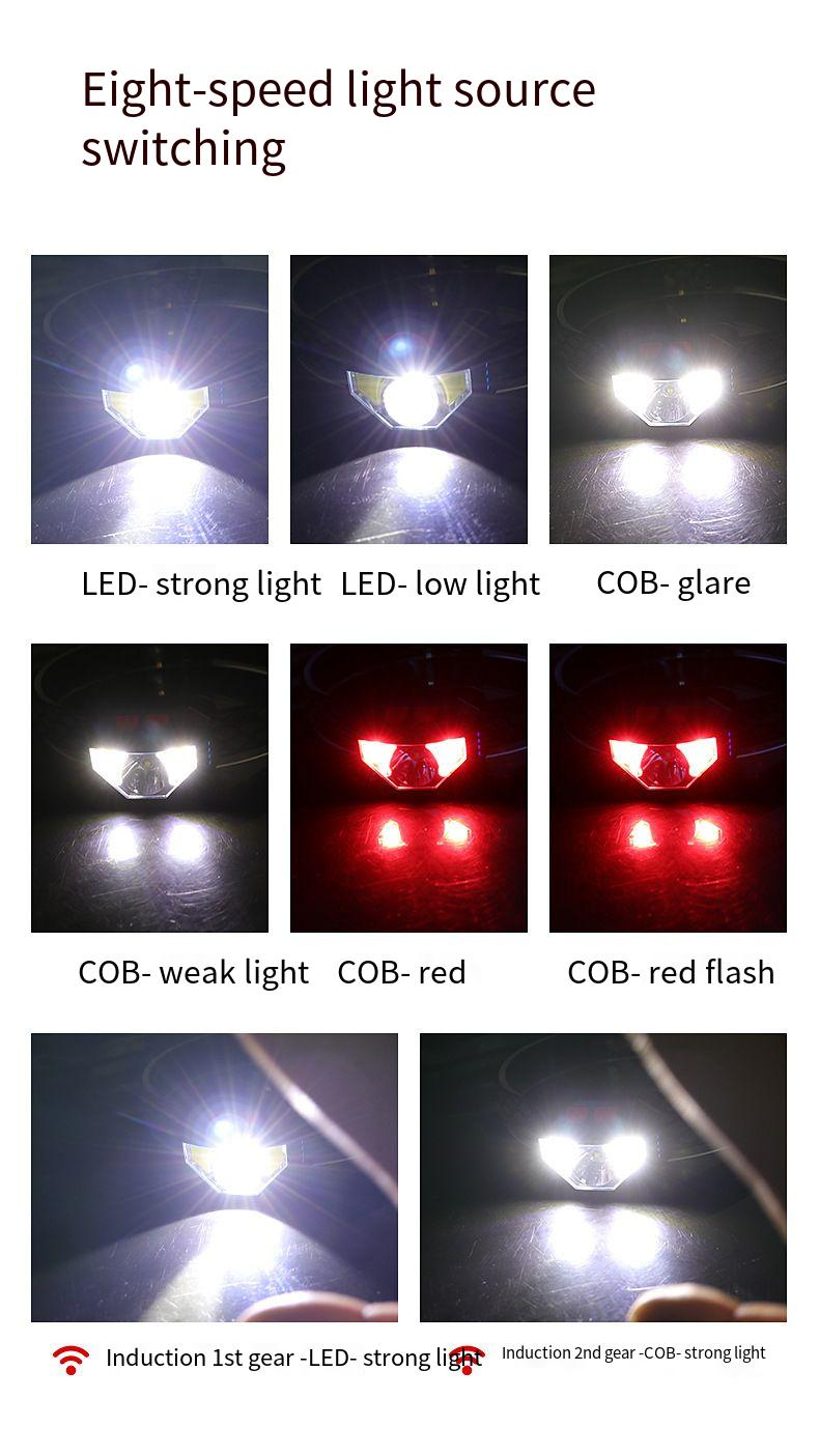 Headlight Sensing Usb Charging Warning Red Led Strong Light Cob Outdoor Night Fishing Waterproof Headlight_voghion.com