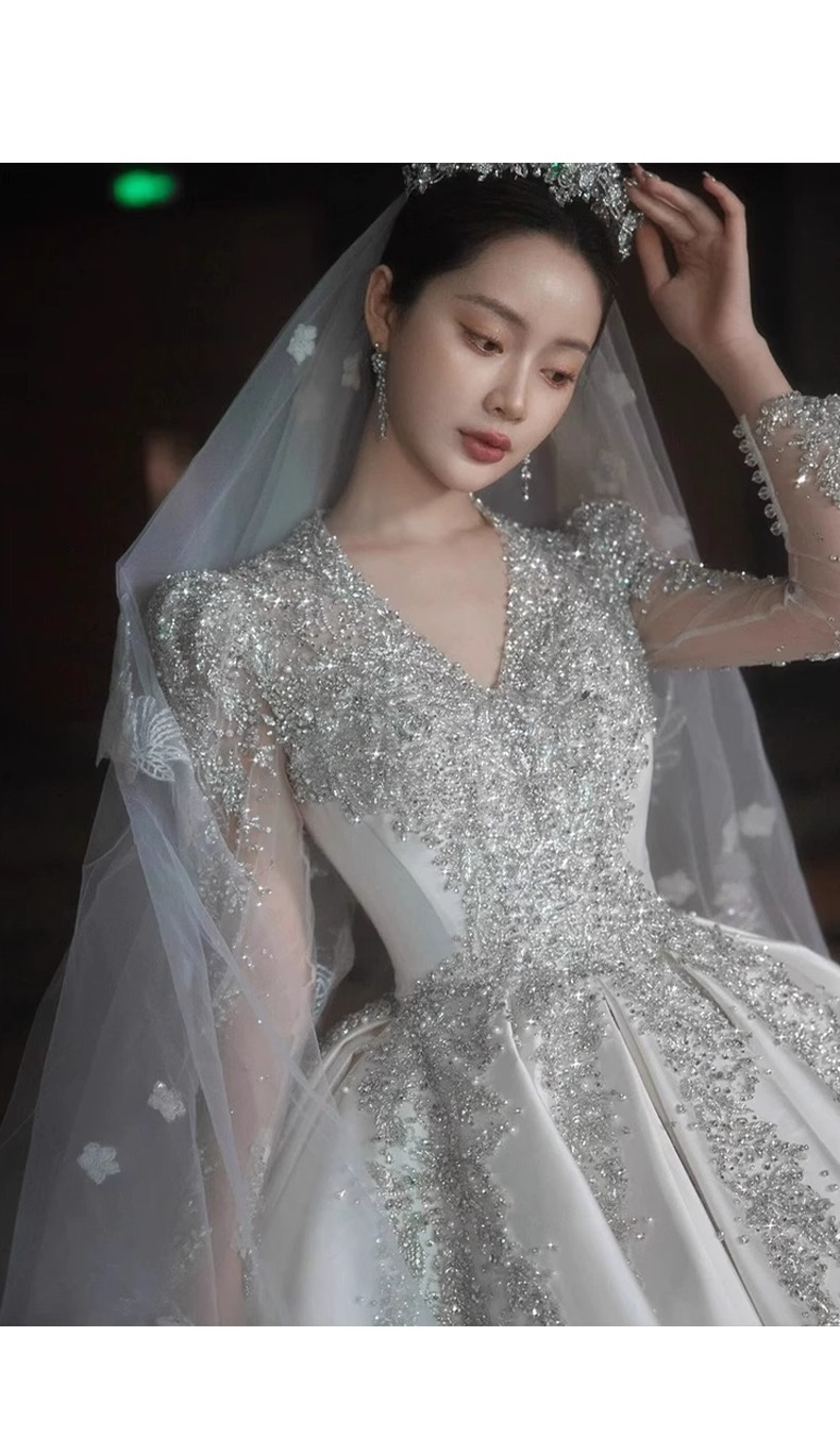 Satin Long Sleeve Wedding Dress – Vintage French V-Neck A-Line Gown With Lace & Corset Back, Flattering For Petite Brides (Spring/Summer, XS-XXL)_voghion.com