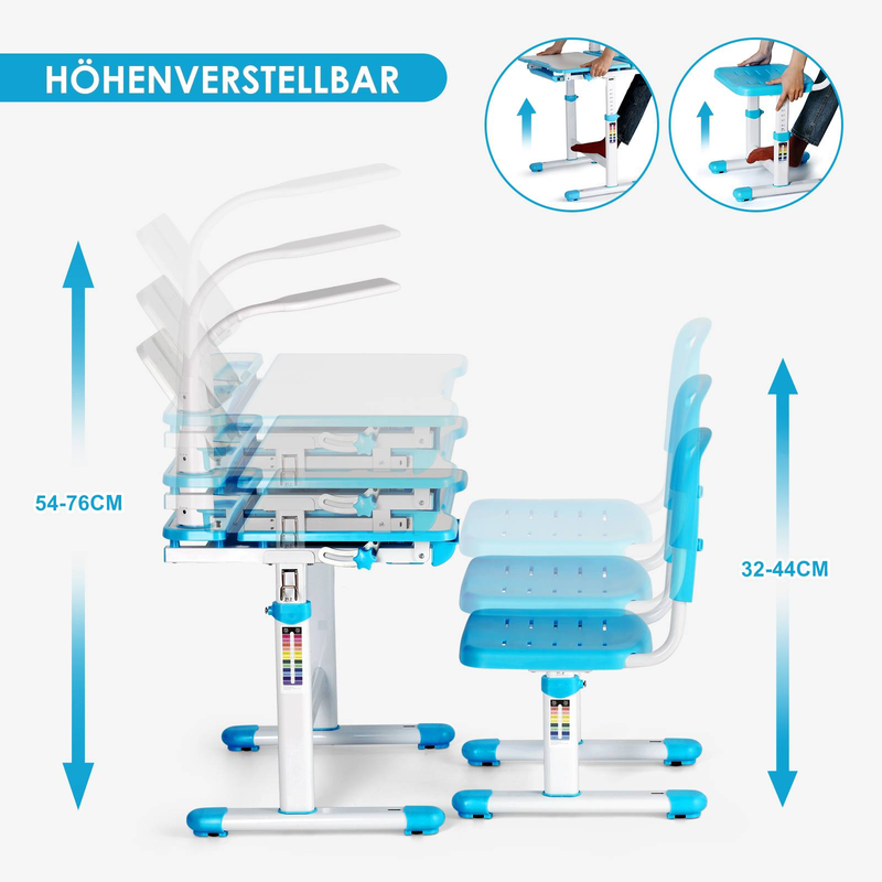 Verstellbares Schreibtisch- und Stuhlset für Kinder – Ergonomischer Schreibtisch mit neigbarer Tischplatte, Aufbewahrungsschublade und höhenverstellbarem Stuhl für Kinder (Rosa und Blau)_voghion.com