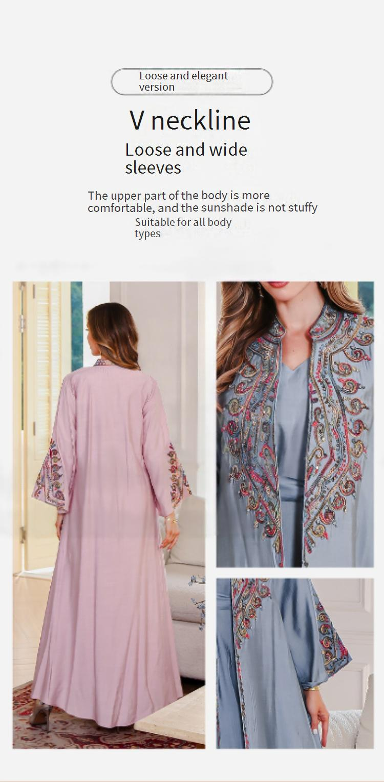 Luxuriöses besticktes Abaya-Kleiderset – schlichtes zweiteiliges muslimisches Abendkleid mit Kordelstickerei (M-XXL, Rosa/Blau)_voghion.com