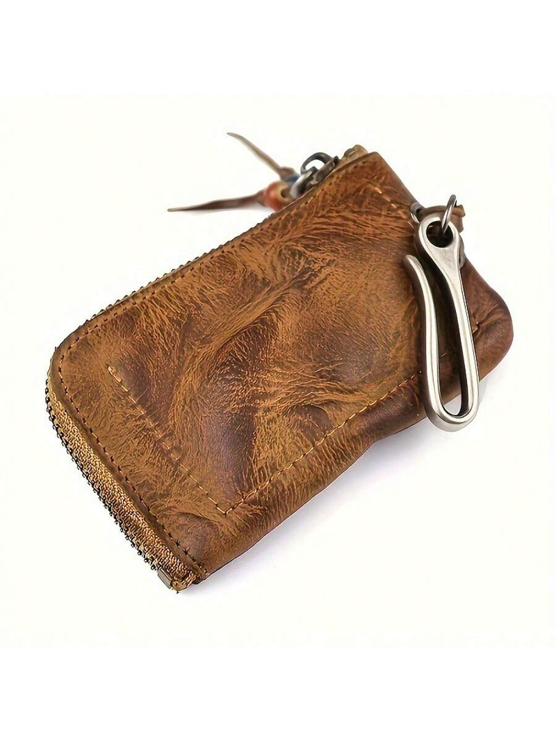 Borsa portachiavi in pelle conciata al vegetale di primo strato, realizzata a mano, in pelle di mucca lavata ad acqua vintage, in stile retrò, con cerniera_voghion.com