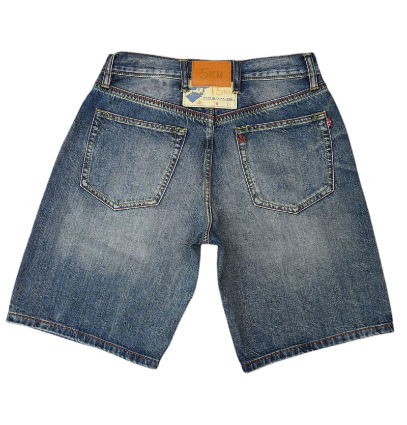 Vintage Washed Denim Shorts With Rainbow Selvedge & Embroidery - Relaxed Fit Mid-Rise Straight Leg Summer Shorts For Men_voghion.com