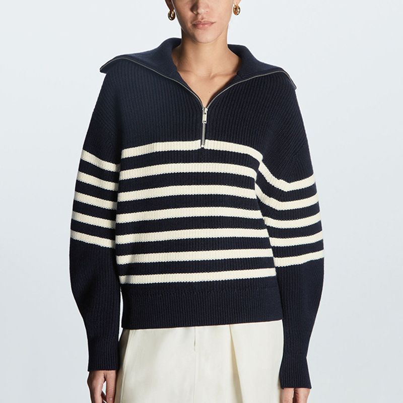 Gestreifter Rollkragenpullover aus Wollmischung für Damen – Dicker, übergroßer Strickpullover mit Laternenärmeln und Reißverschlussdetail_voghion.com