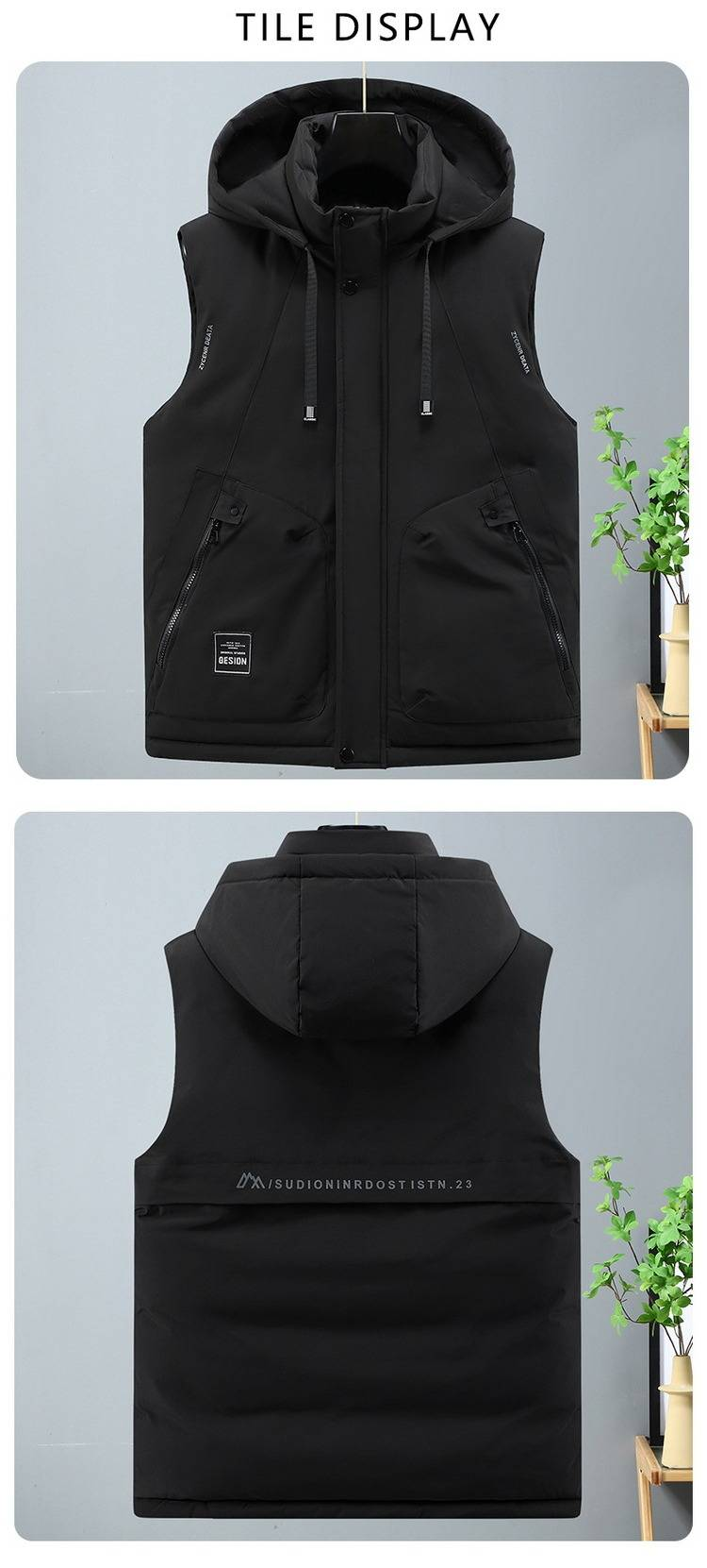 Herren-Steppweste in Übergröße mit Farbblock-Design, dicke ärmellose Winterjacke für die Freizeit (Schwarz, Militärgrün, Beige)_voghion.com