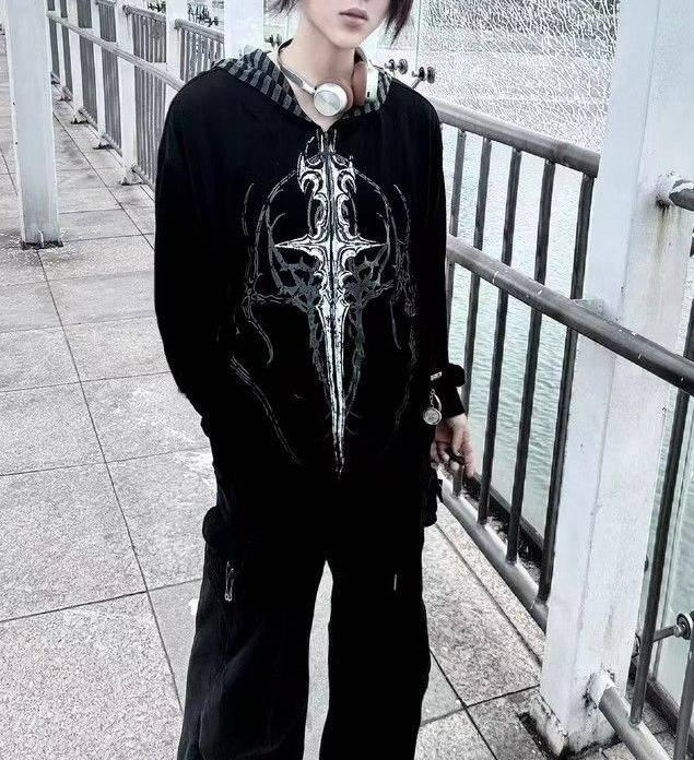 Y2K Unisex Kapuzenpullover mit Reißverschluss – Dünnes Oberteil im japanischen Streetwear-Stil für Dark Academia & Cyberpunk-Ästhetik_voghion.com