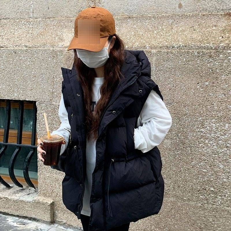 Vêtements pour femmes - Gilet matelassé à capuche sans manches, coupe ample, style décontracté_voghion.com