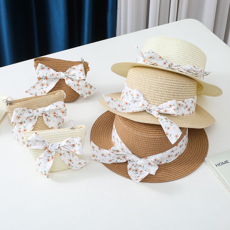 Cappello da pescatore con fiocco in paglia, protezione solare estiva per genitori e figli, con parasole piatto per bambini, set di borse, alla moda_voghion.com