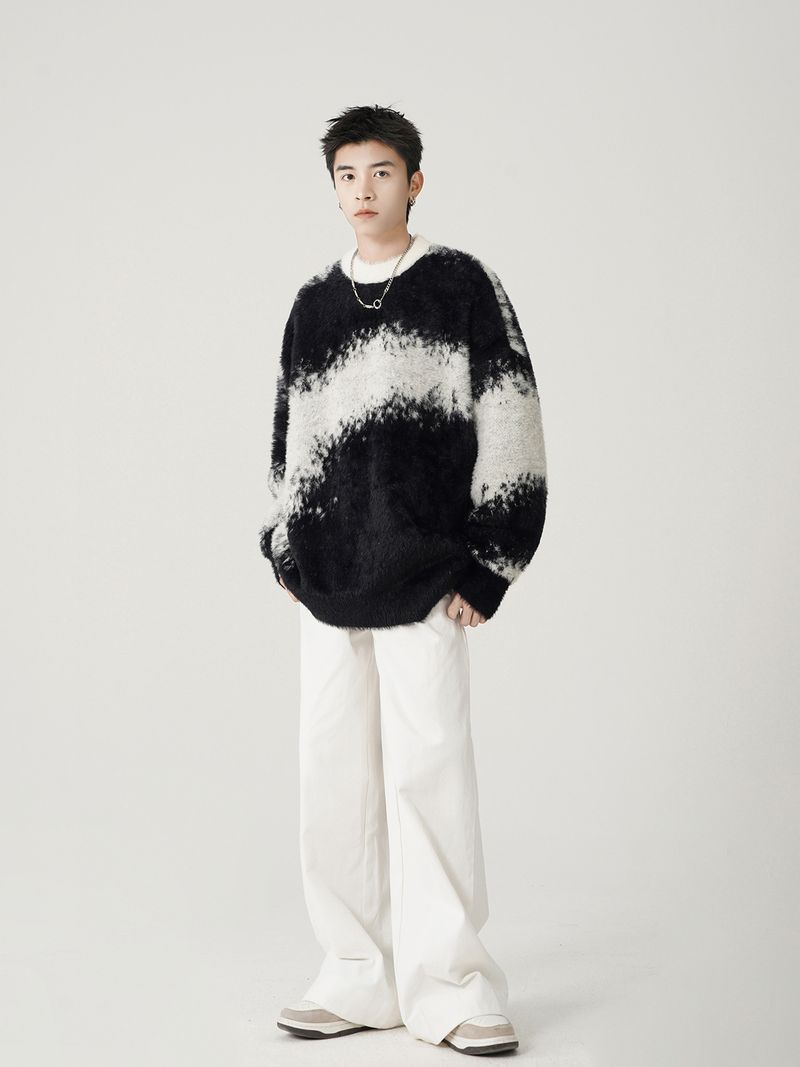 Suéter masculino de lã vison tie-dye com blocos de cores - Pulôver aconchegante e estiloso para o inverno, casual e moderno._voghion.com