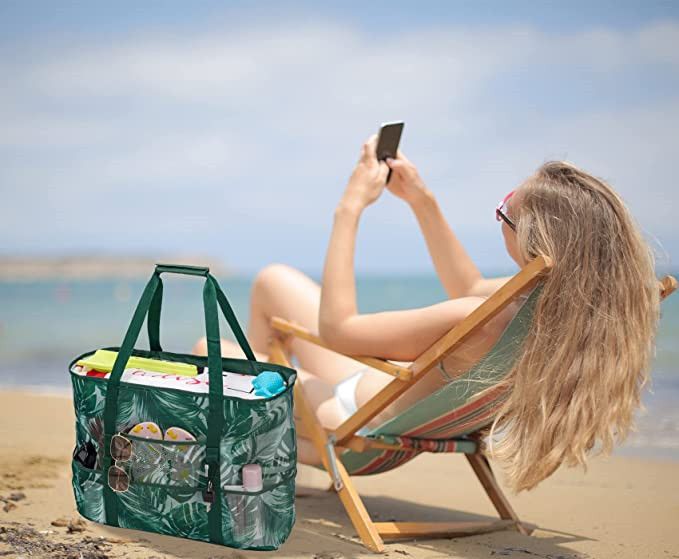 Strandtasche für den Urlaub – große Netztasche mit mehreren Taschen (faltbar, wasserabweisend, sanddicht, 45,7 x 30,5 cm)_voghion.com