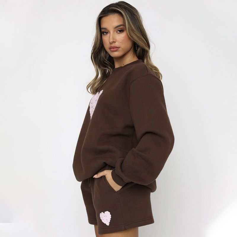 Women's fashion casual printed shorts two-piece set plus fleece long-sleeved hoodie set_voghion.com