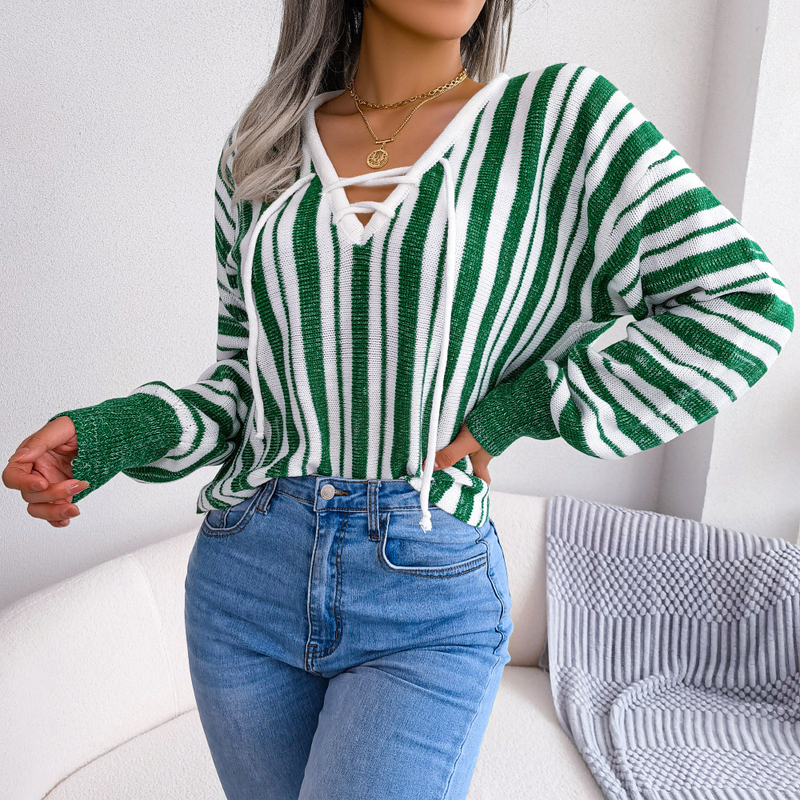 Maglione pullover a maniche lunghe con laccetti e motivo a blocchi di colore, stile Ins, autunno inverno, moda donna_voghion.com