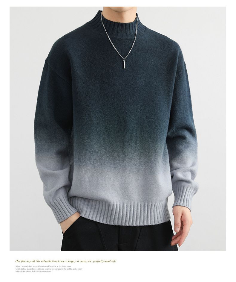 Herren-Strickpullover mit Ombré-Muster – Halbrollkragen, lockere Passform, Stretch-Polyestermischung (Armeegrün/Blaugrau/Beige/Dunkelgrün/Chinarot)_voghion.com