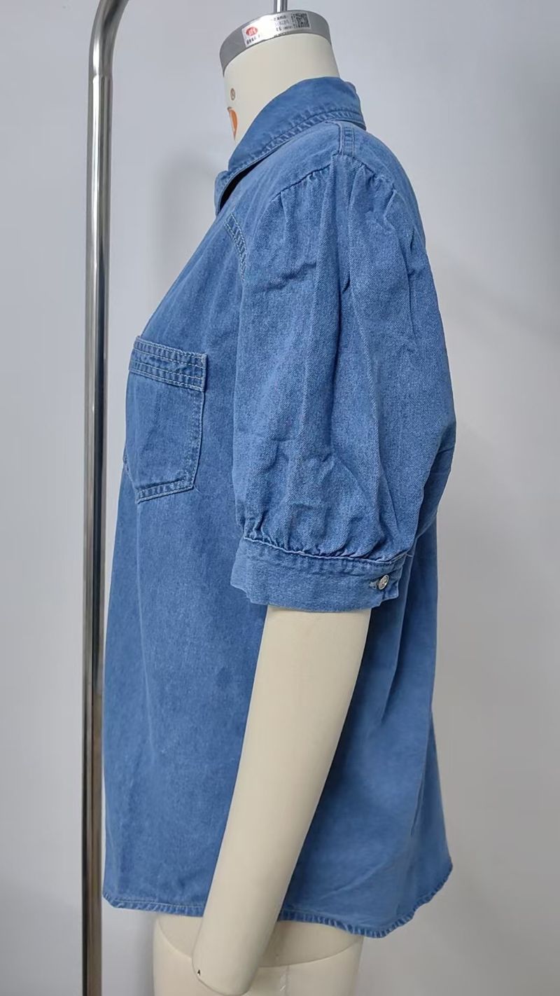 Nueva y versátil camisa vaquera fina con cuello vuelto y mangas princesa, top informal de moda para mujer_voghion.com