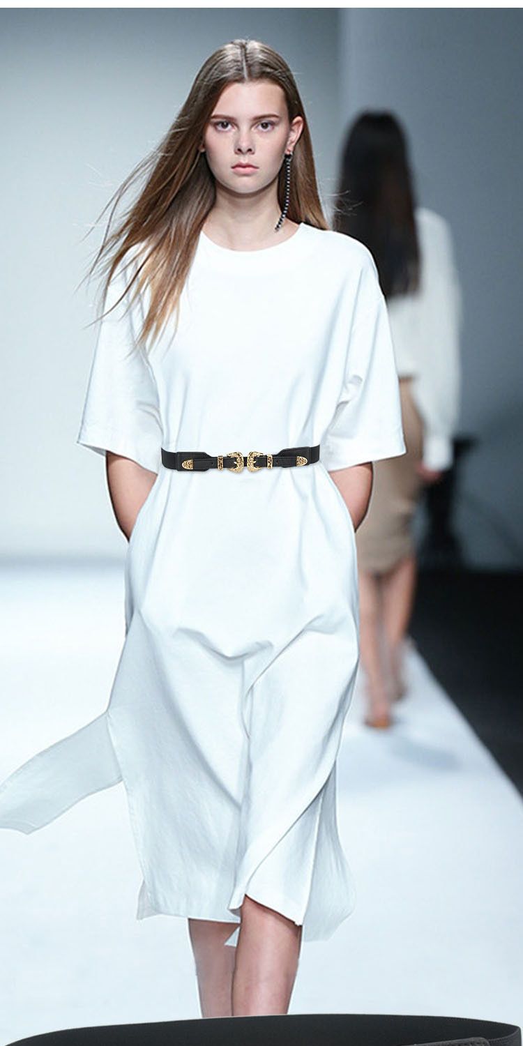 Elastischer Damen-Gürtel mit dekorativer schmaler Schleife, passend zu Kleid, Mantel, Anzug, schwarzer Bund, trendig_voghion.com