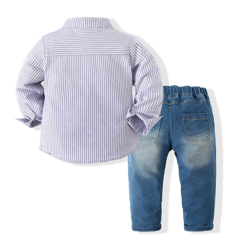 Abbigliamento per bambini Ragazzi Abito da gentiluomo Camicia a maniche lunghe a righe per bambini Jeans casual Set da due pezzi_voghion.com