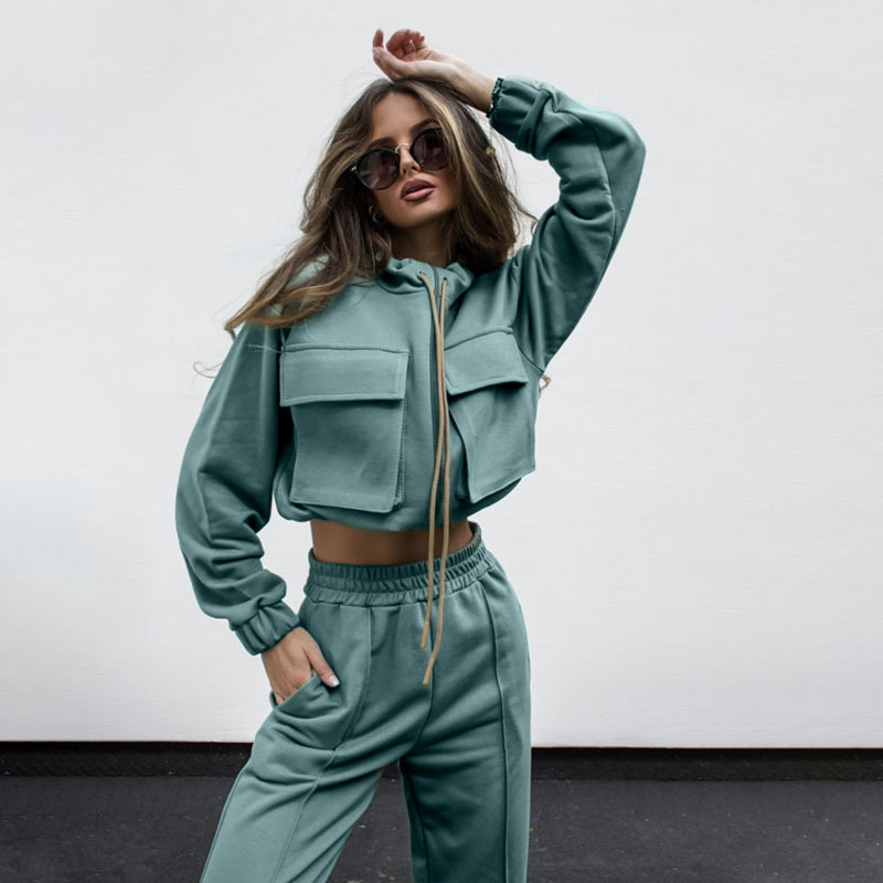 Women's solid color zipper double bag drawstring long sleeve shirt fashion casual long pantsuit_voghion.com