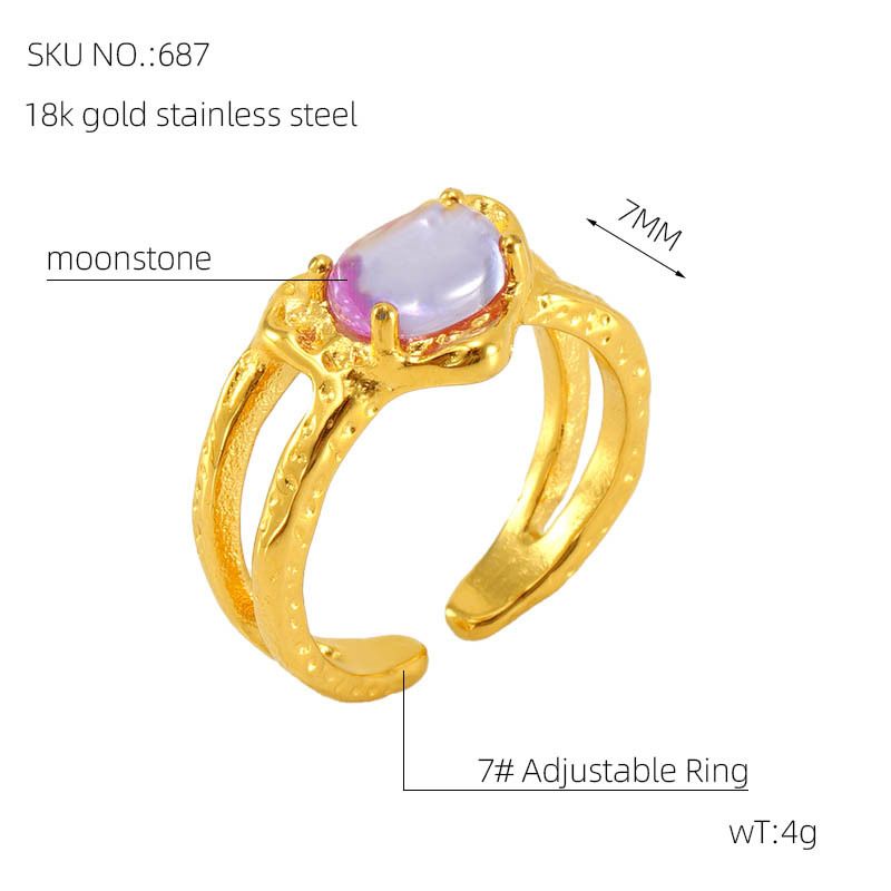 Anello aperto regolabile in acciaio al titanio con pietra di luna, personalità hip-hop, linee geometriche irregolari, per donna_voghion.com