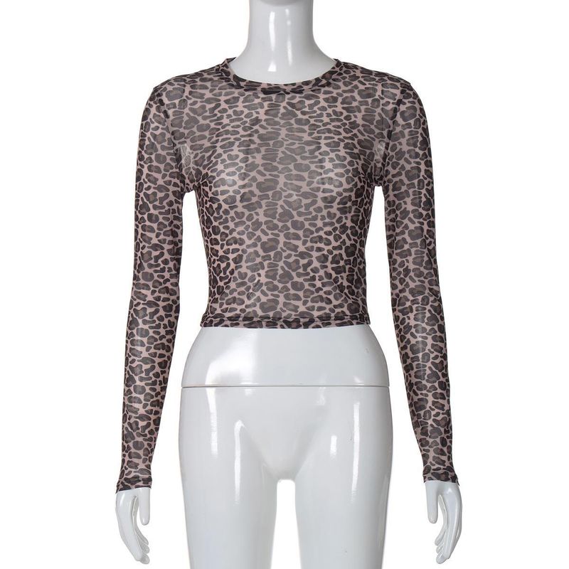 Maglietta estiva da donna con scollo rotondo, stampa leopardata, maniche lunghe e trasparenti in rete_voghion.com