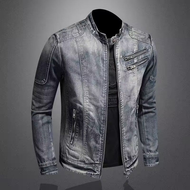 Herrenbekleidung Mode Stehkragen Reißverschluss Revers Motorrad Jeansjacke Persönlichkeit Retro Sport Tops Herren Casual Trendy Mantel_voghion.com