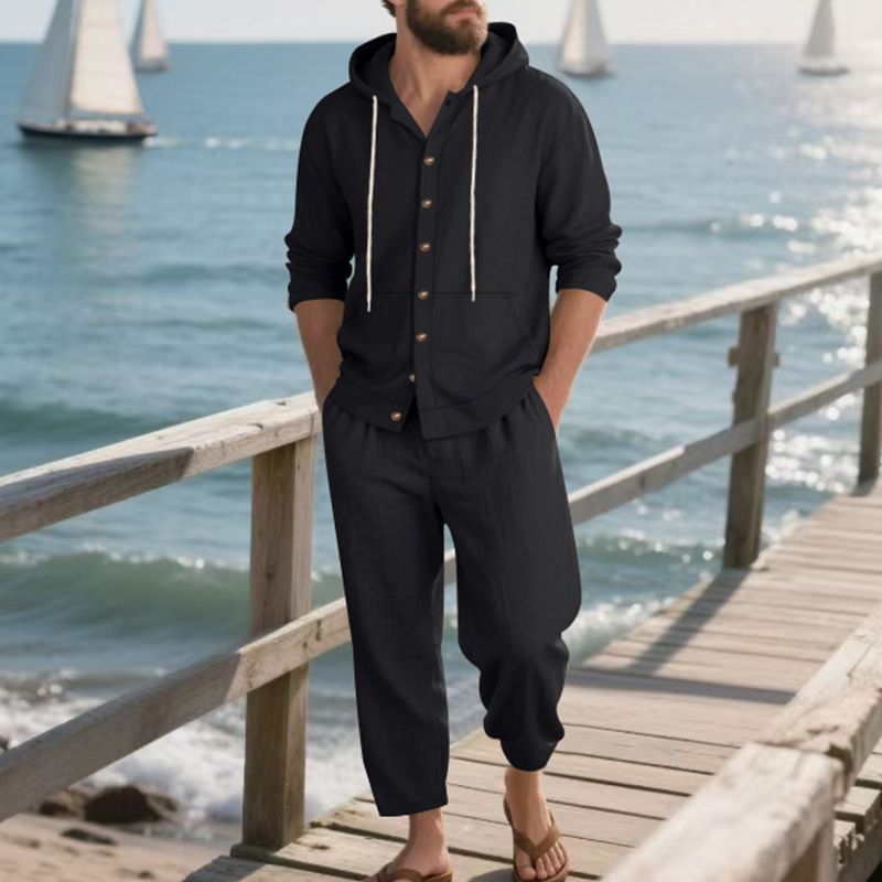 Men's Linen Hooded Shirt & Pants Set - Breathable Beachwear For Spring & Summer Fashion Trends Hot-selling_voghion.com