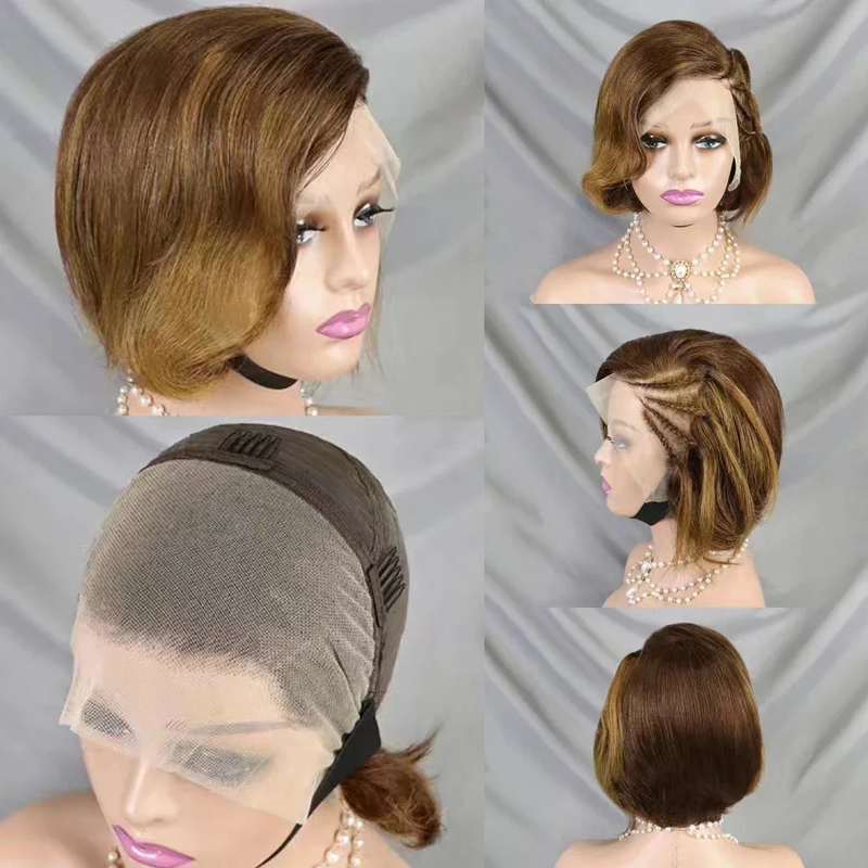 8inch short lace human hair wig with diagonal bangs and highlights 13*4 large lace suitable for women's daily wear_voghion.com
