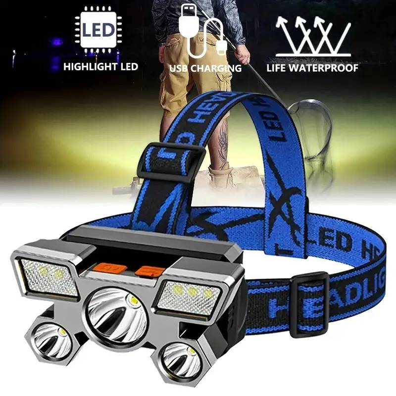USB Rechargeable Headlamp Portable 5LED Headlight Torch Portable Working Light Fishing Camping Head Light For Travel, Camping, Fishing, Hunting_voghion.com