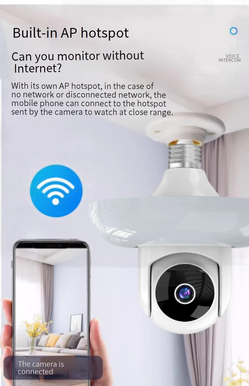 Telecamera di sicurezza con lampadina intelligente - Visione notturna wireless Wi-Fi a 360°, rilevamento del movimento, controllo remoto tramite app mobile, audio bidirezionale_voghion.com