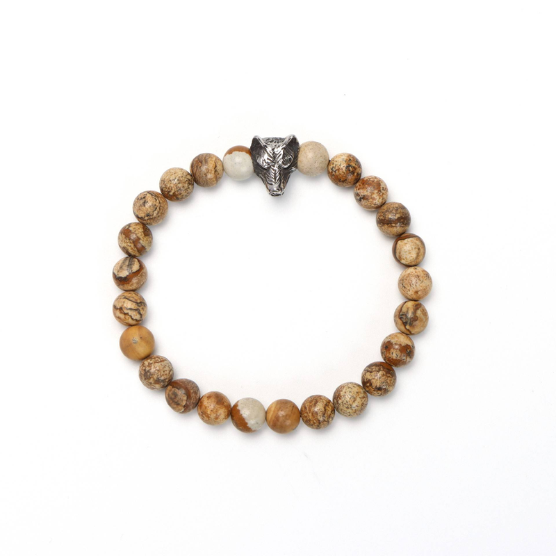 Bracelet en perles de verre fait main avec breloque tête de loup, perles de 8 mm, design unisexe pour anniversaire, souvenir de voyage, cadeau d'anniversaire. Bracelet en perles de 8 mm._voghion.com