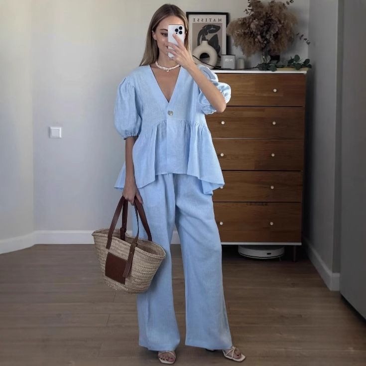 Ensemble 2 pièces pour femme, haut à col en V et pantalon à manches courtes, couleur unie, printemps et été_voghion.com