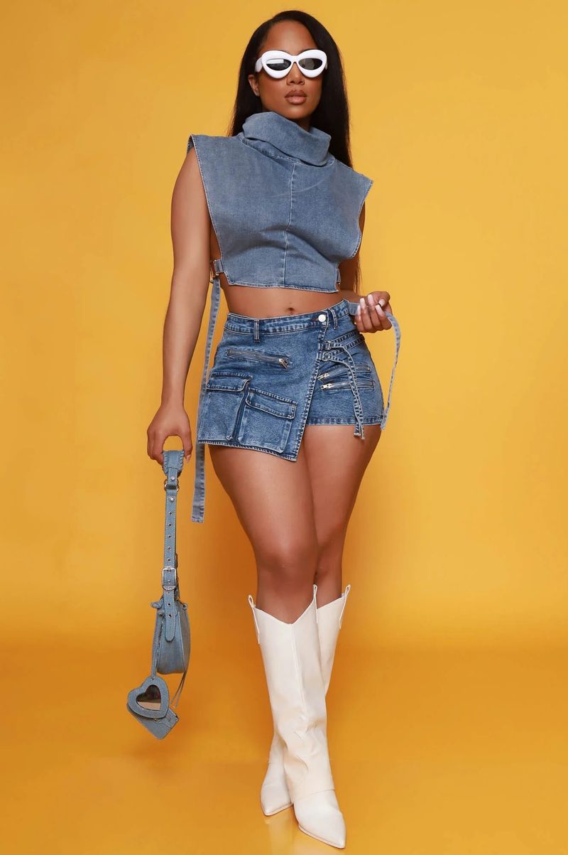 Mono de mezclilla elástico para mujer, pantalones cortos de mezclilla con múltiples bolsillos con cremallera_voghion.com