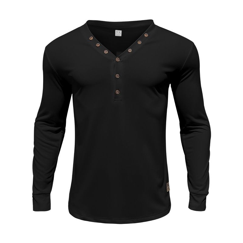 24 New Men's Spring And Autumn American Style Solid Color Thin Long Sleeve T-Shirt Casual Base Slim Fit Button V-Neck_voghion.com