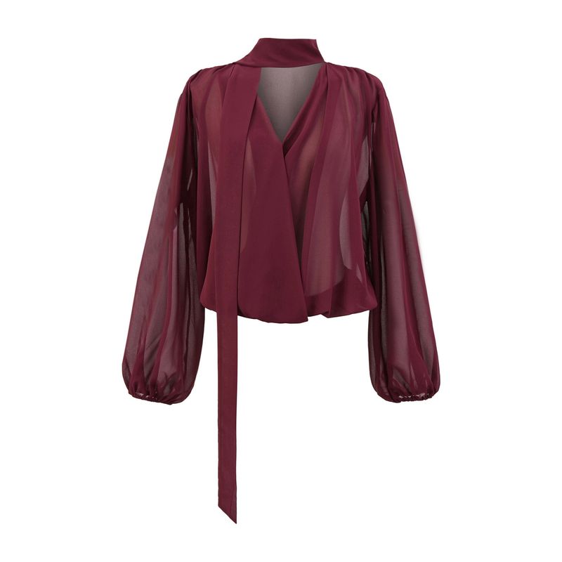 Elegant V-Neck Blouse With Ribbon Tie & Lantern Sleeves – Fog Blue / Charming Purple / Soft Matte Pink (S-L)_voghion.com