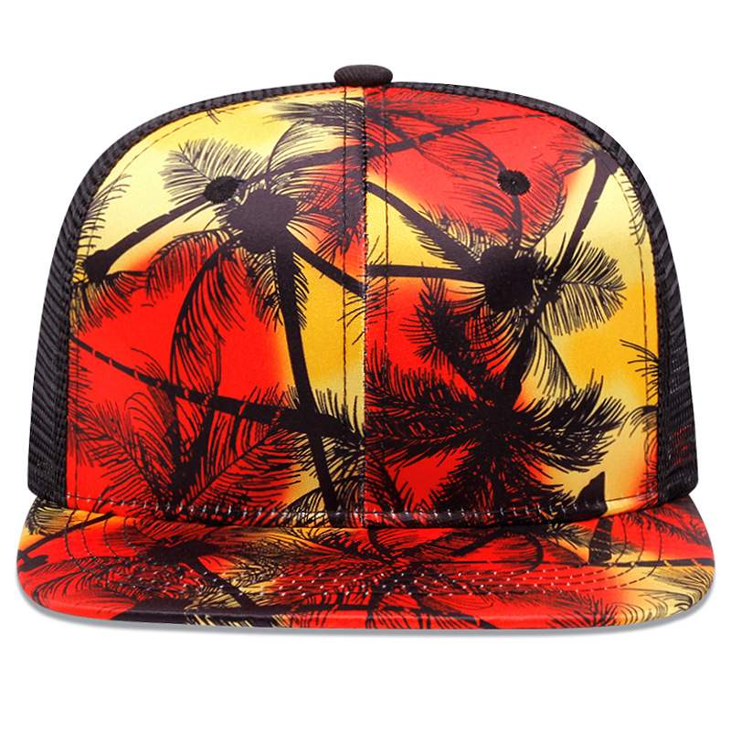 Hip Hop Coconut Tree Print Solskjerm Sommer Solkrem Hat Personlig Mesh Rød Unisex Justerbar Flat Brems Hat_voghion.com