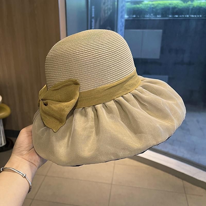 Cappello da sole estivo da donna in paglia con giunture, pieghevole, con protezione solare, protezione UV, con fiocco_voghion.com