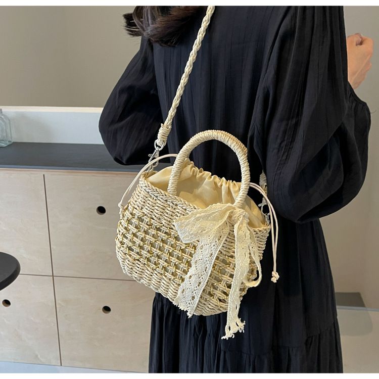 Straw Bag Woven Bag Mori Straw Bag Female Crossbody Beach Holiday Beach Bag Portable Bucket Bag_voghion.com