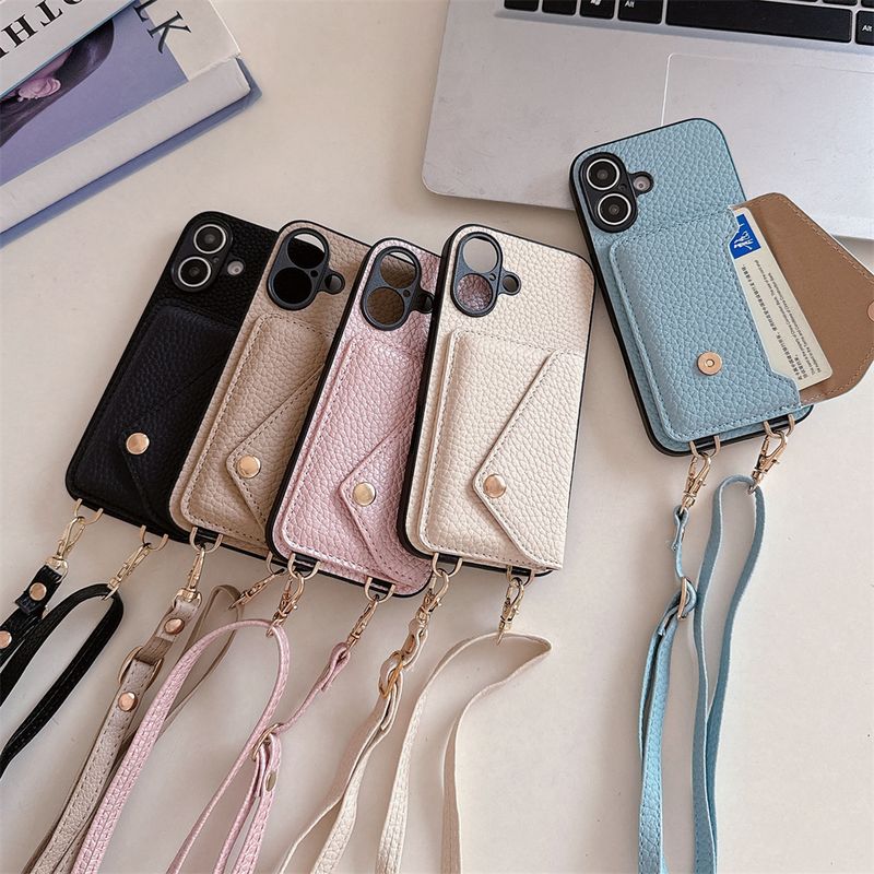 Custodia in pelle con tracolla di lusso per iPhone 16 13 15 12 14 11 Pro Max X XS XR 7 8 SE Plus con tasca per carte di credito e cordino_voghion.com