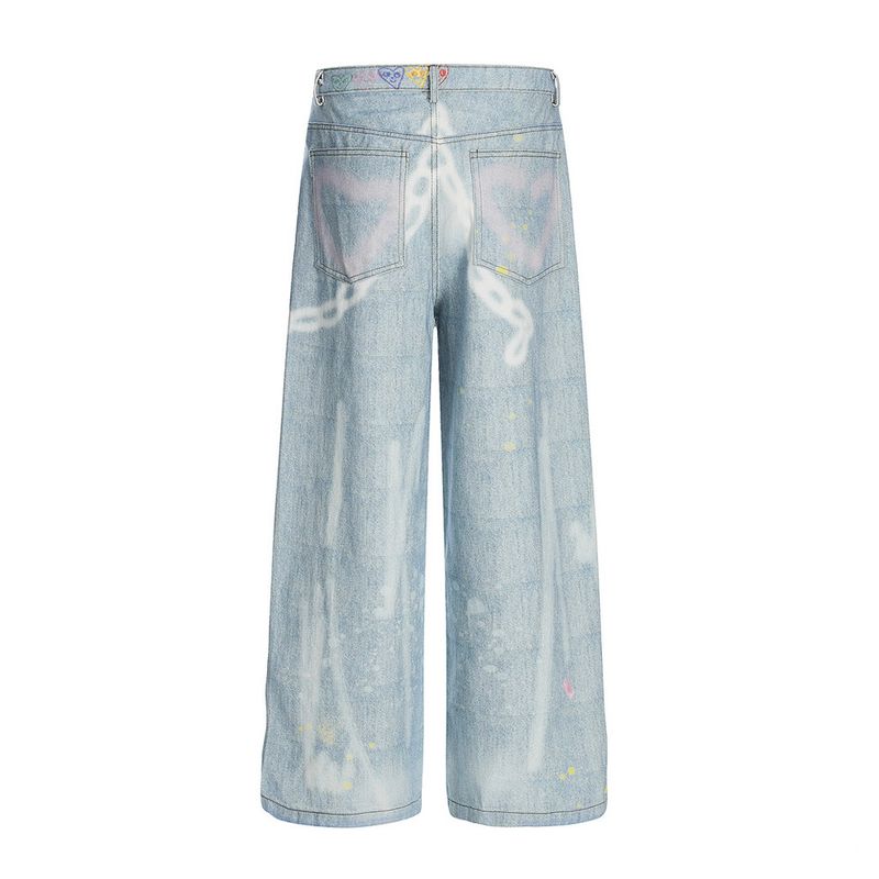 Unique High Street Graffiti Print Wide-Leg Jeans Hip-Hop Trend Loose Washed Straight Long Pants Men's Design Sense_voghion.com
