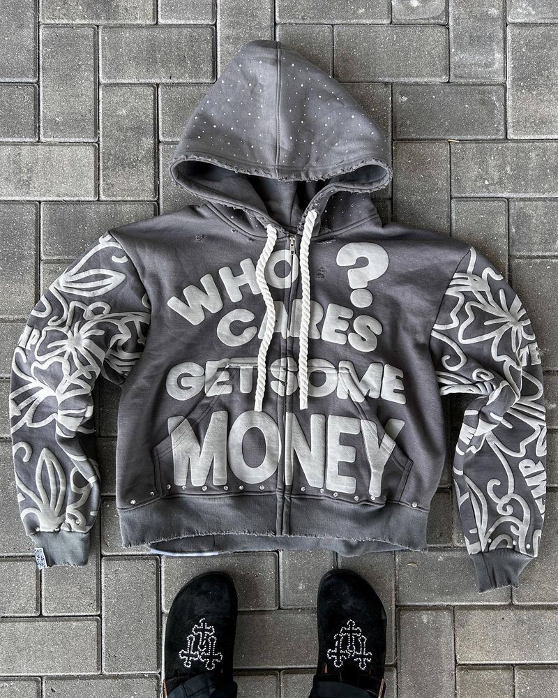 Felpa con cappuccio streetwear retrò Y2K con stampa in schiuma e dettagli in strass - Felpa oversize per uomo e donna, estetica Instagram alla moda_voghion.com