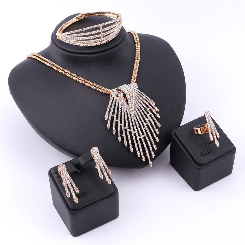 Feine afrikanische Perlen Schmucksets Halskette Armreif Ohrringe Ringe Kristall Party Hochzeit Goldfarbe Brautzubehör_voghion.com