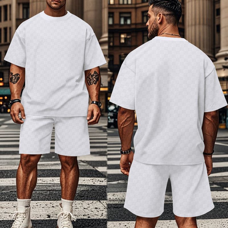 2024 Men's Summer New Jacquard Plaid Short Sleeved T-shirt Loose Oversized Straight Leg Casual Shorts Set_voghion.com