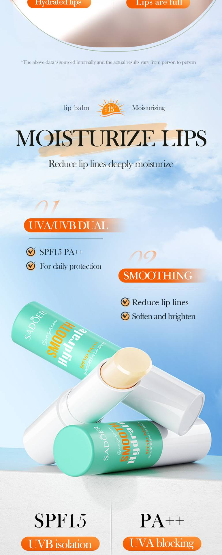 Rouge à lèvres avec protection solaire SPF 15, protection des lèvres, baume à lèvres hydratant et lissant, masque pour les lèvres, hydratation des lèvres, blocage des UVB, anti-UVA_voghion.com