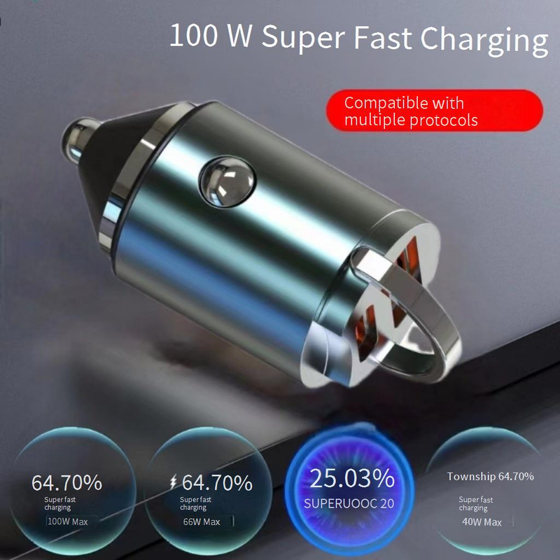 Autoladegeräte Verstecktes Mini-Pull-Ring-Autoladegerät Huawei 100 W Super Flash Charge PD30 W + QC3.0 Metall-Autoladegerät_voghion.com