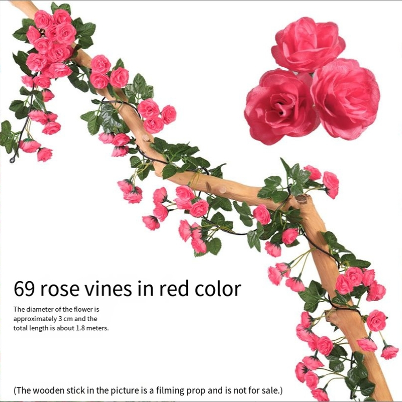 69 Heads Artificial Rose Vine Garland For Wedding Home Decor, Air Conditioner & Pipe Decoration, Fake Flower Vine With Ties, Multiple Colors Available_voghion.com