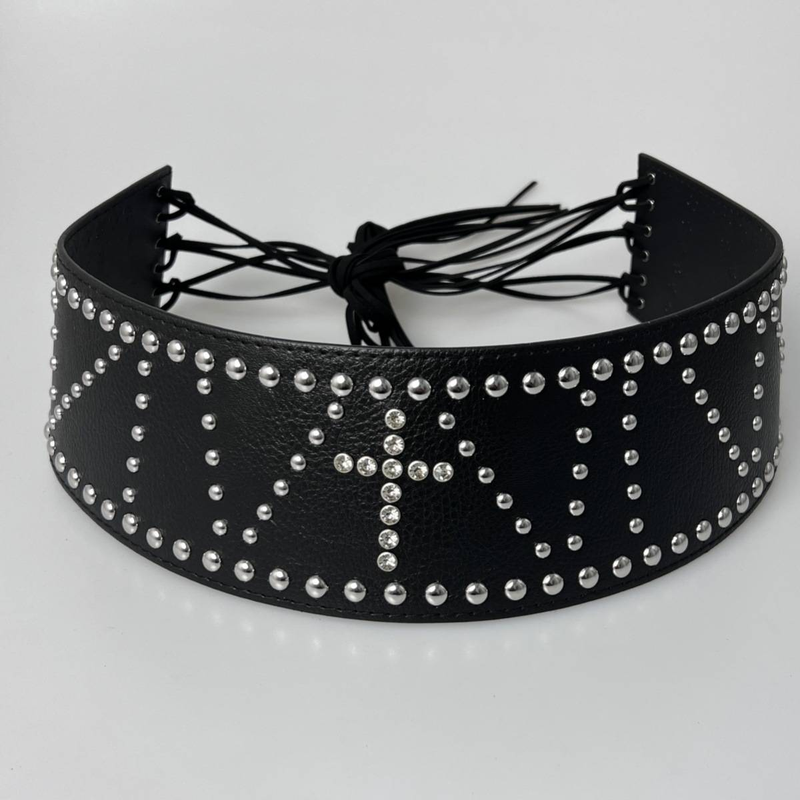 Palace Style Waist Belt With Rivets And Rhinestones Inlaid Rope Tied Belt With Adjustable Waist Circumference Wide Belt With Rivets Punk_voghion.com
