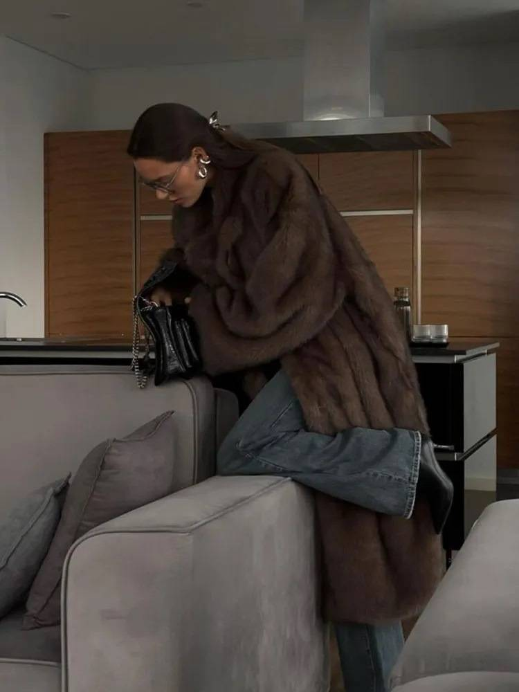 Luxury Long Faux Fox Fur Coat Women's Winter Elegant Overcoat - Ankle-Length Plush Outerwear In Rich Brown (S, M, L, XL, XXL)_voghion.com