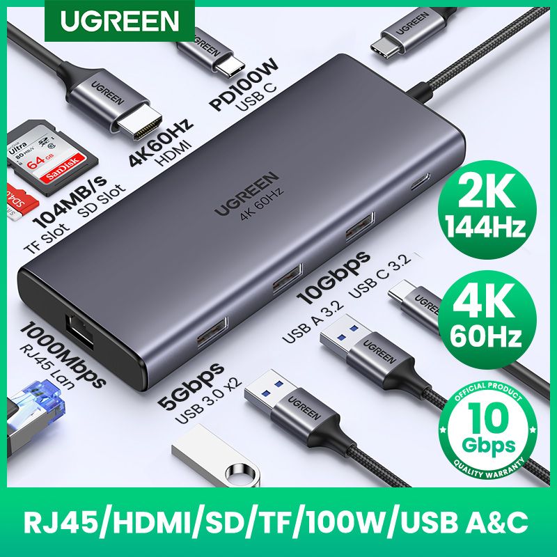 UGREEN 10Gbps C HUB 4K60Hz Type-C To HDMI RJ45 PD100W SD&TF USB Adapter For MacBook IPad Samsung Laptop Accessories Docking_voghion.com