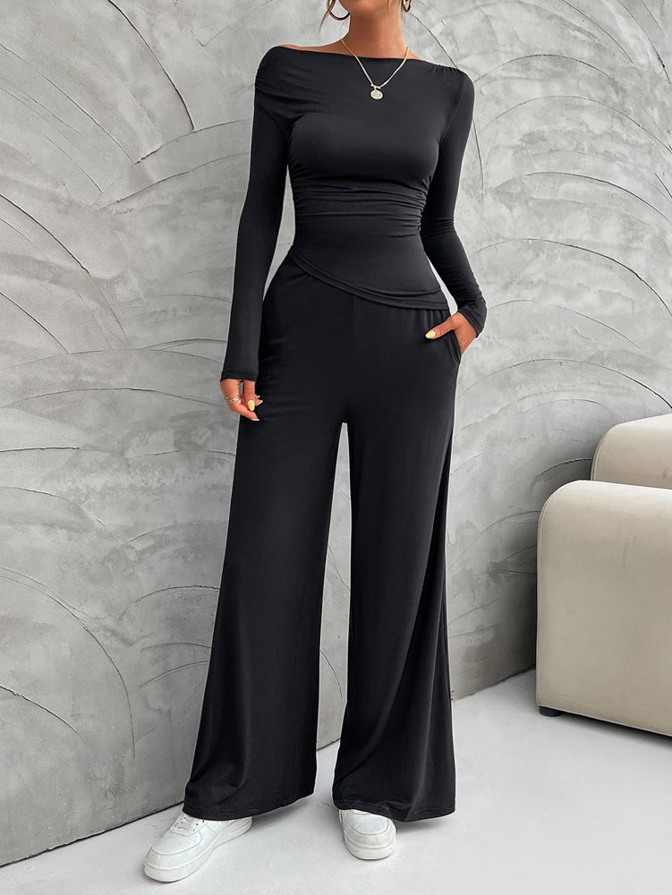 Y2K Damen-Set – Schmales Langarm-Oberteil & Hose mit weitem Bein (S-XL, Schwarz/Dunkelgrau/Khaki/Weinrot/Dunkelgrün/Braun/Dunkelblau)_voghion.com