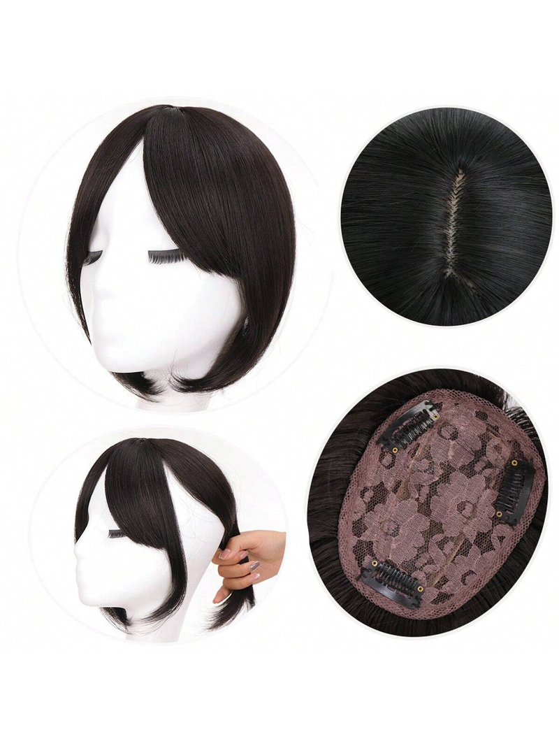 Toppa per parrucca con frangia nera, frangia finta sulla fronte naturale, toppa per capelli con spacco centrale sulla parte superiore_voghion.com